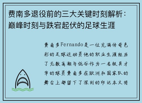 费南多退役前的三大关键时刻解析：巅峰时刻与跌宕起伏的足球生涯